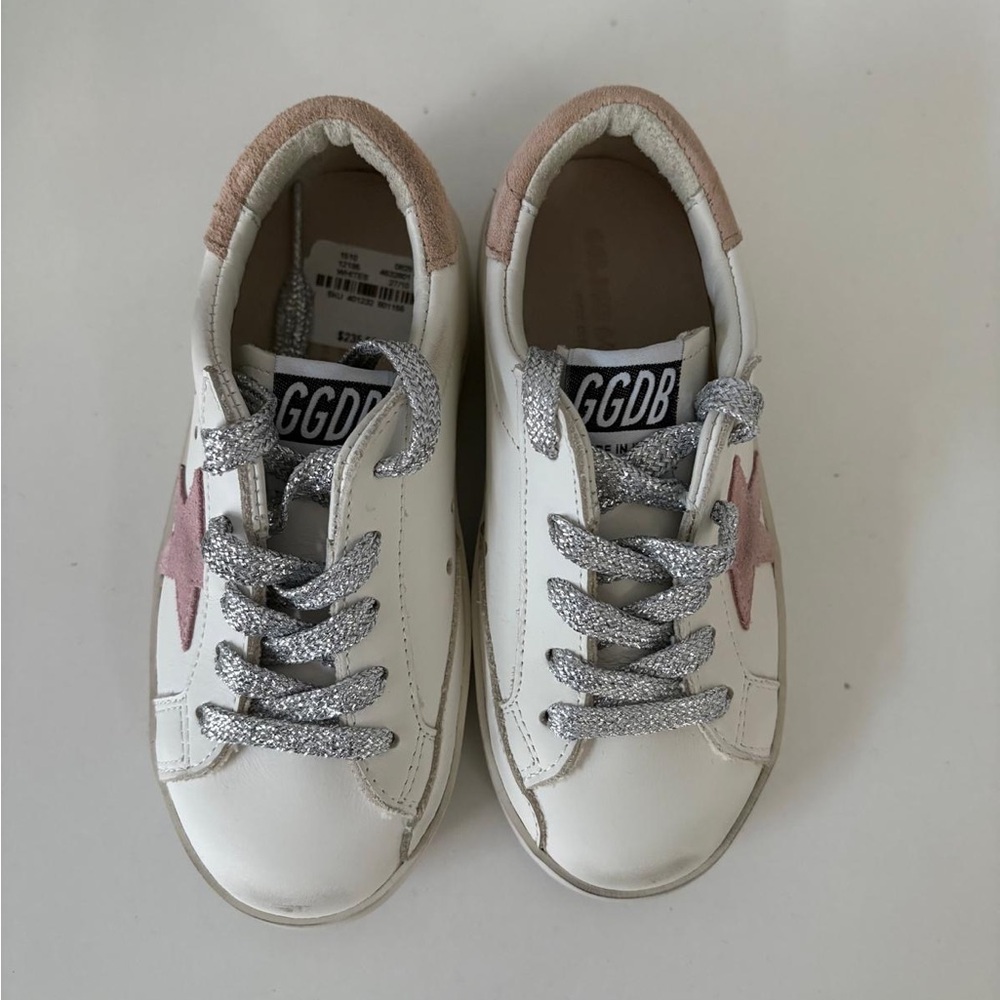 Golden Goose Kids White Sneakers with Pink Star and Silver Laces